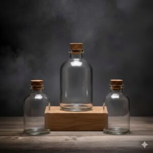 მინის ბოთლი გამჭვირვალე კორპის თავსახურით