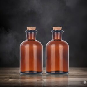 ქარვისფერი მინის ბოთლი კორპის თავსახურით